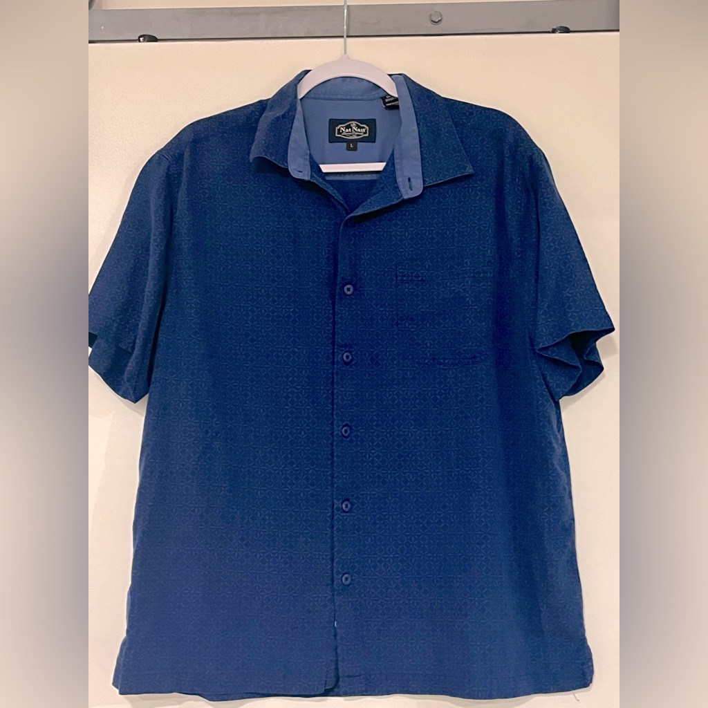 Salenat Nast Silk Shirt Blue Button Down Short Sleeve Cotton Soft Men Pattern